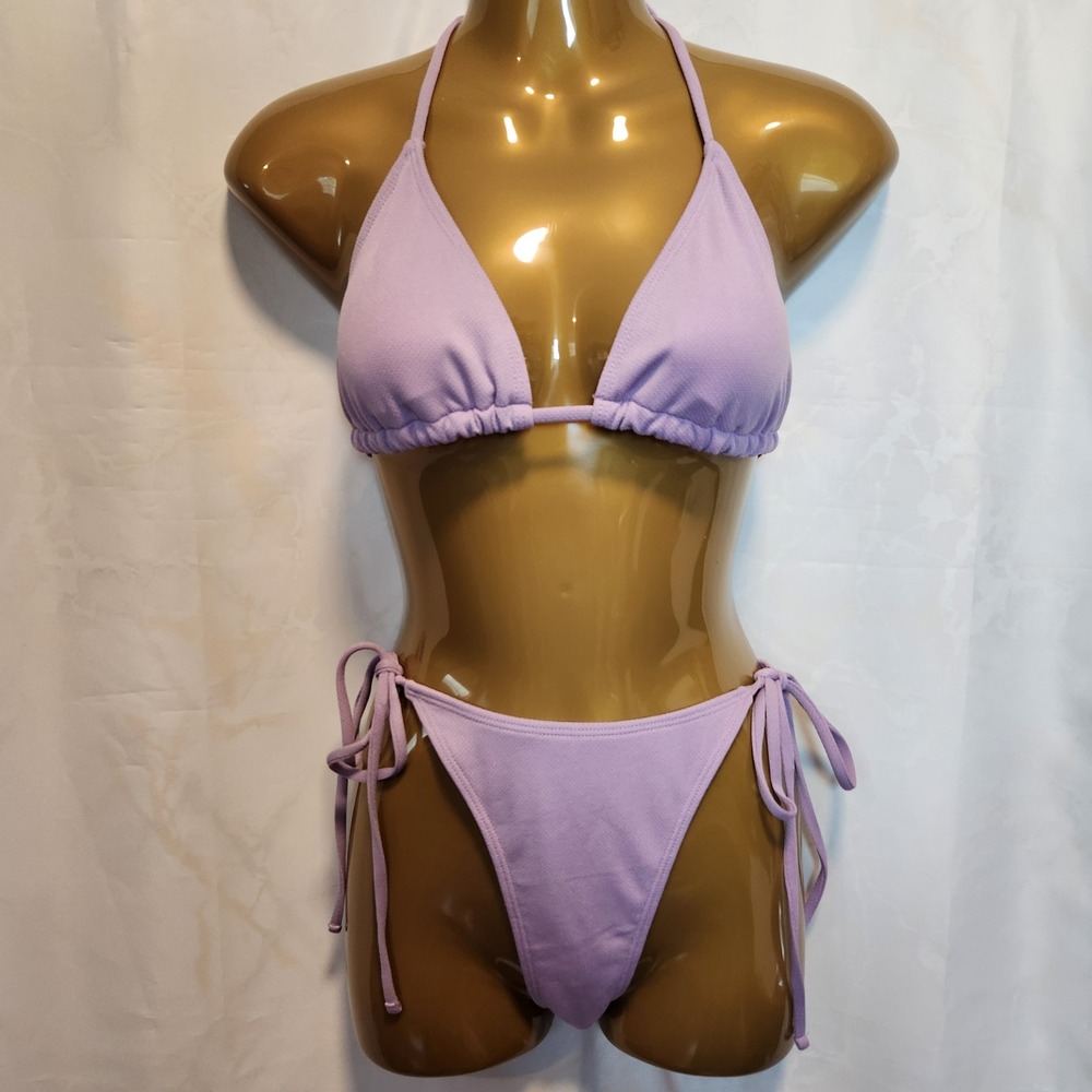 Unbranded Purple Bikini 2PC Size M Triangle Halter Top High Leg Side Tie Cheeky